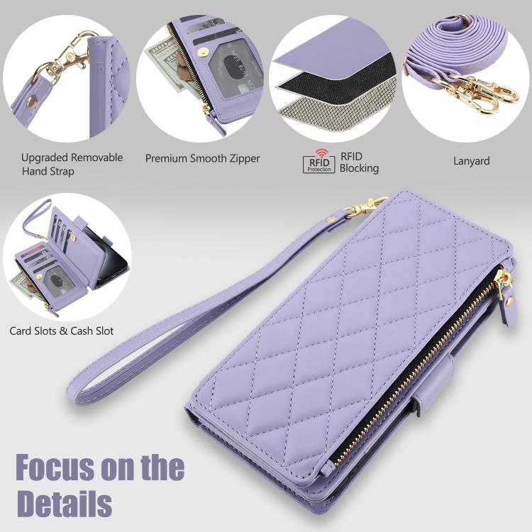 For iPhone 14 Pro Crossbody Diamond 9 Card Slots Zipper Bag Vegan Leather Phone Case