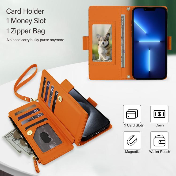 For iPhone 13 Pro Max Crossbody Diamond 9 Card Slots Zipper Bag Vegan Leather Phone Case
