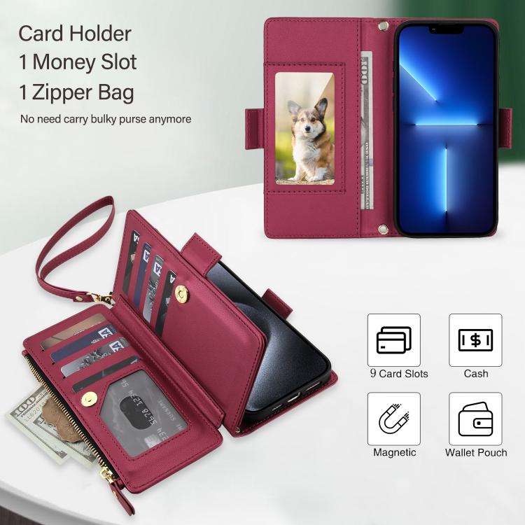 For iPhone 13 Pro Max Crossbody Diamond 9 Card Slots Zipper Bag Vegan Leather Phone Case