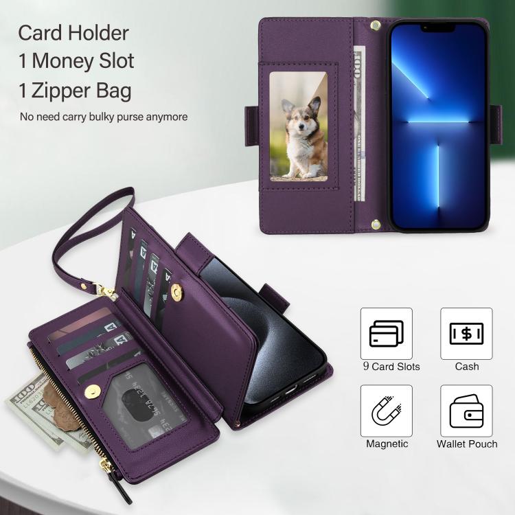 For iPhone 13 Pro Max Crossbody Diamond 9 Card Slots Zipper Bag Vegan Leather Phone Case