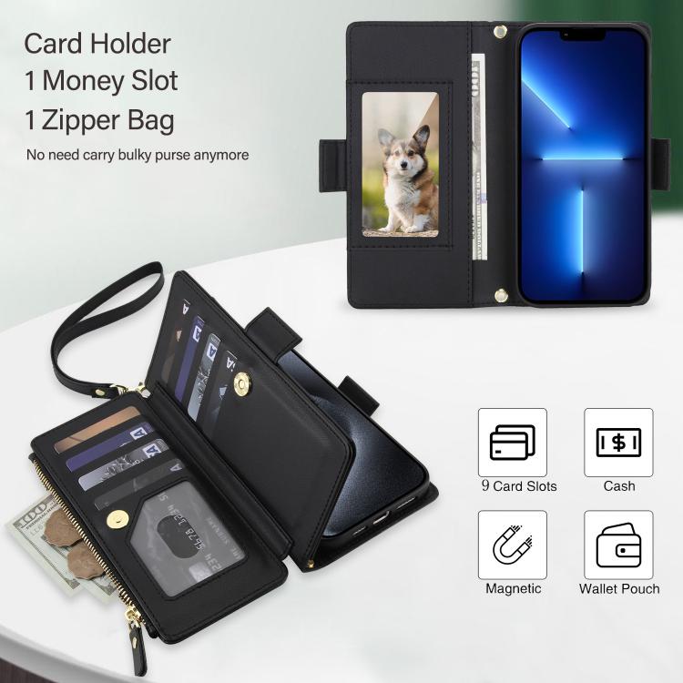 For iPhone 13 Pro Crossbody Diamond 9 Card Slots Zipper Bag Vegan Leather Phone Case