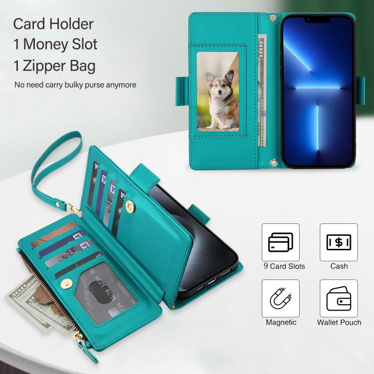 For iPhone 13 Pro Crossbody Diamond 9 Card Slots Zipper Bag Vegan Leather Phone Case