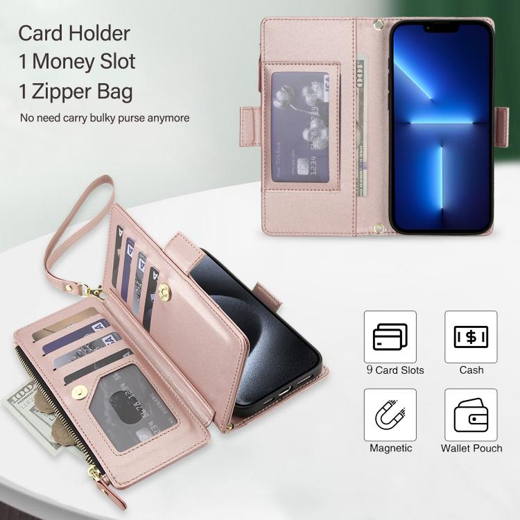 For iPhone 13 Pro Crossbody Diamond 9 Card Slots Zipper Bag Vegan Leather Phone Case