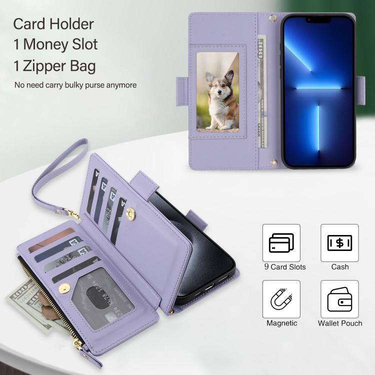 For iPhone 13 Pro Crossbody Diamond 9 Card Slots Zipper Bag Vegan Leather Phone Case
