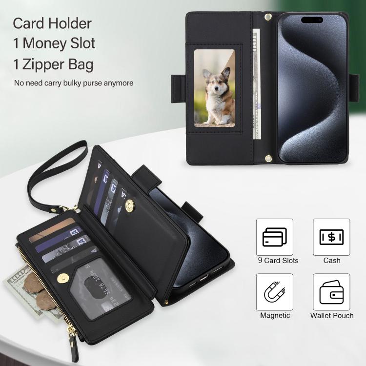 For iPhone 12 Pro Max Crossbody Diamond 9 Card Slots Zipper Bag Vegan Leather Phone Case