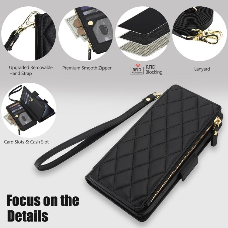For iPhone 12 Pro Max Crossbody Diamond 9 Card Slots Zipper Bag Vegan Leather Phone Case
