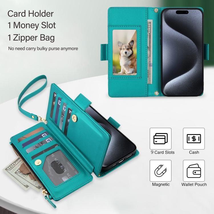 For iPhone 12 Pro Max Crossbody Diamond 9 Card Slots Zipper Bag Vegan Leather Phone Case