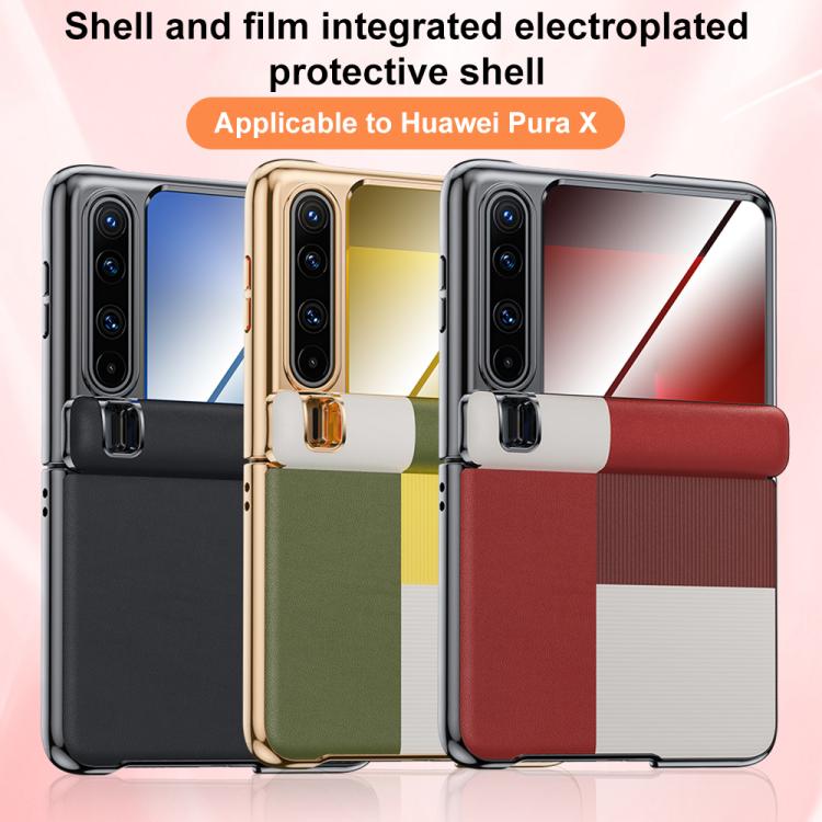 For Huawei Pura X PC Electroplated Vegan Leather Film Integrated Central-axis Phone Case