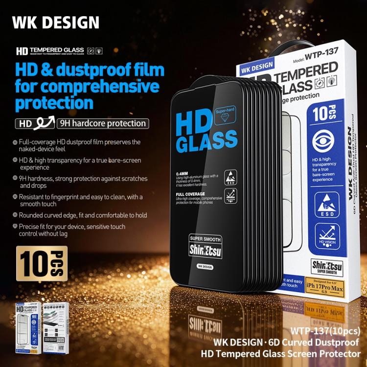 For iPhone 11 Pro Max WK WTP-137 10pcs 6D Curved Dustproof HD Tempered Glass Film - Black