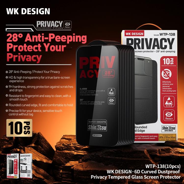For iPhone 17 / 16 Pro WK WTP-138 10pcs 6D Curved Dustproof Privacy Tempered Glass Film - Black