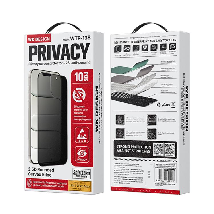 For iPhone 14 Pro Max WK WTP-138 10pcs 6D Curved Dustproof Privacy Tempered Glass Film - Black