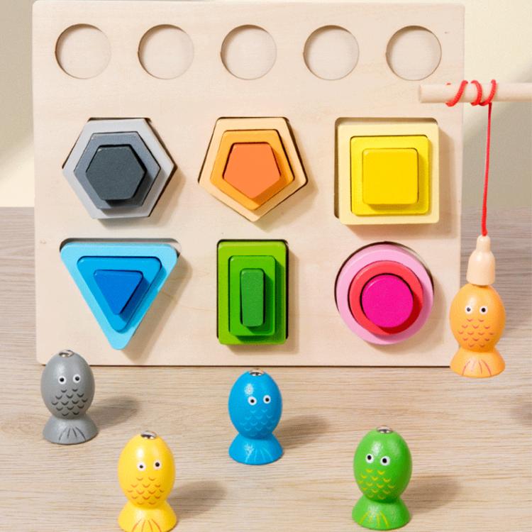Children Wooden Magnetic Fishing Game Early Education Shape Matching Toys, Type:6 Shape with Fishing