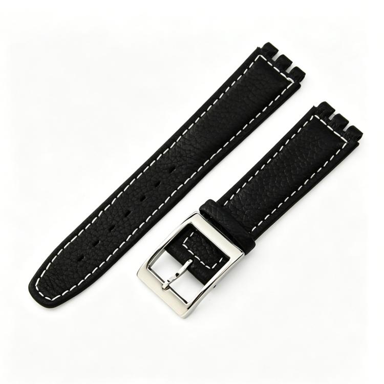 For Swatch 17mm xDfind Convex Mouth Steel-colored Buckle Litchi Texture Genuine Leather Watch Band