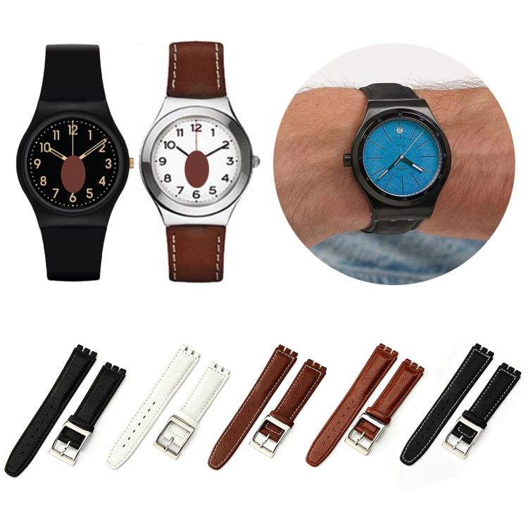For Swatch 17mm xDfind Convex Mouth Steel-colored Buckle Litchi Texture Genuine Leather Watch Band