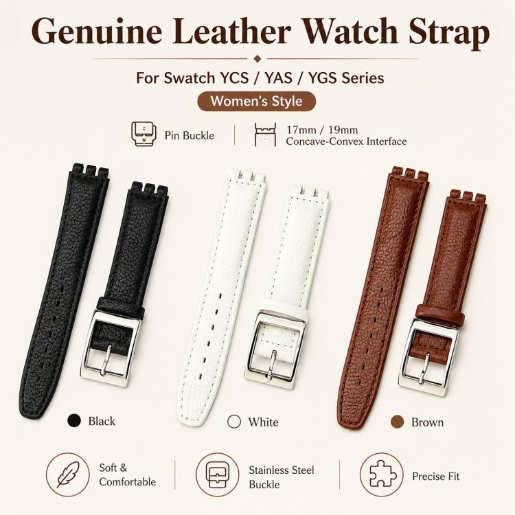 For Swatch 17mm xDfind Convex Mouth Steel-colored Buckle Litchi Texture Genuine Leather Watch Band