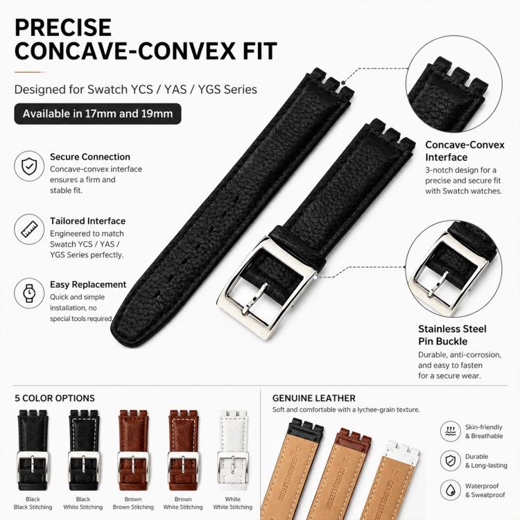For Swatch 17mm xDfind Convex Mouth Steel-colored Buckle Litchi Texture Genuine Leather Watch Band