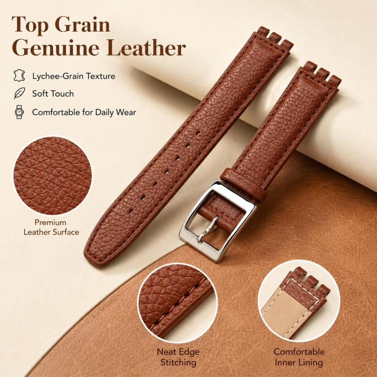 For Swatch 17mm xDfind Convex Mouth Steel-colored Buckle Litchi Texture Genuine Leather Watch Band