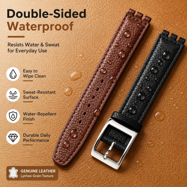 For Swatch 17mm xDfind Convex Mouth Steel-colored Buckle Litchi Texture Genuine Leather Watch Band