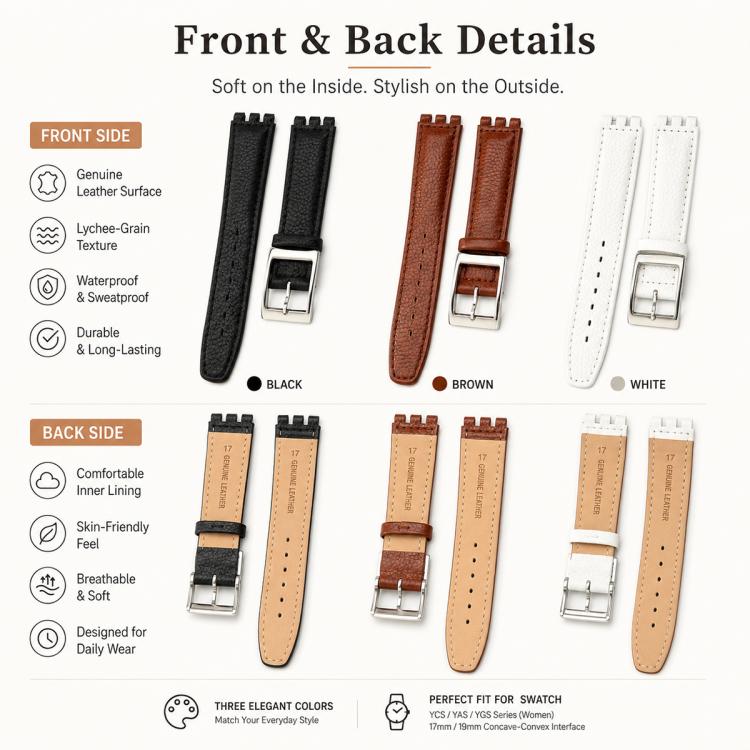 For Swatch 17mm xDfind Convex Mouth Steel-colored Buckle Litchi Texture Genuine Leather Watch Band