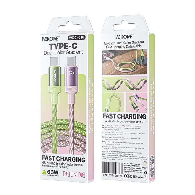 WK WDC-C18 PD65W Type-C to Type-C Raython Dual Color Gradient Fast Charging Data Cable, Length:1.2m