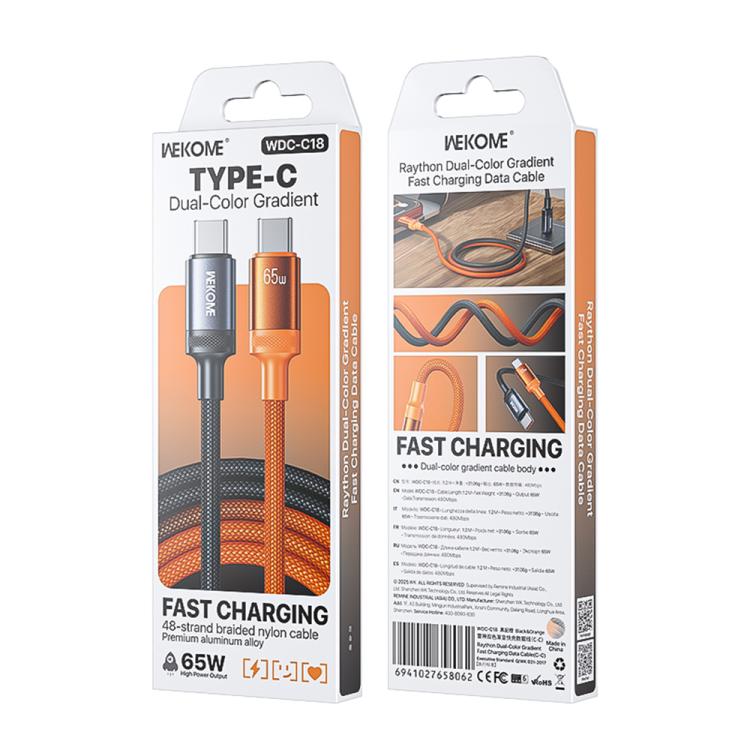WK WDC-C18 PD65W Type-C to Type-C Raython Dual Color Gradient Fast Charging Data Cable, Length:1.2m