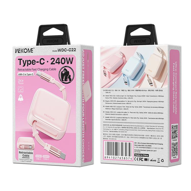 WK WDC-C22 240W Type-C to Type-C Ultra-Compact Retractable Fast Charging Data Cable, Length:1m
