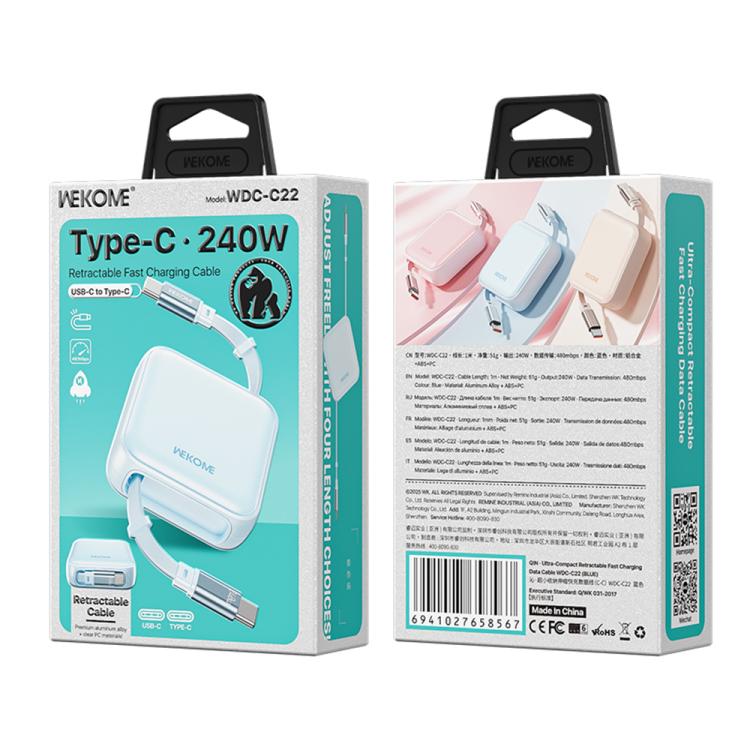 WK WDC-C22 240W Type-C to Type-C Ultra-Compact Retractable Fast Charging Data Cable, Length:1m