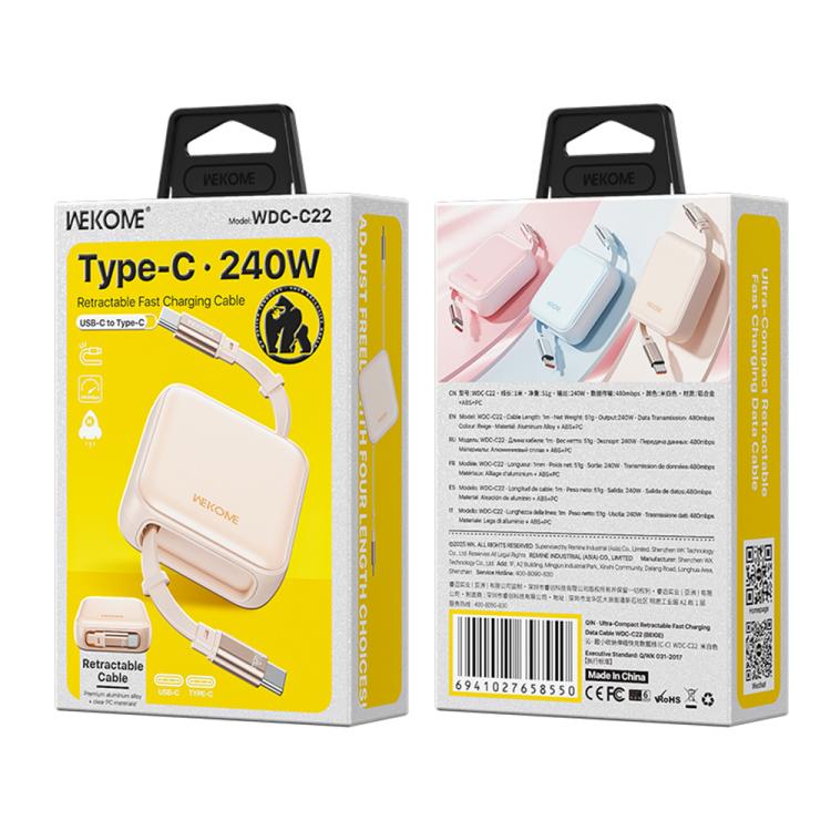 WK WDC-C22 240W Type-C to Type-C Ultra-Compact Retractable Fast Charging Data Cable, Length:1m