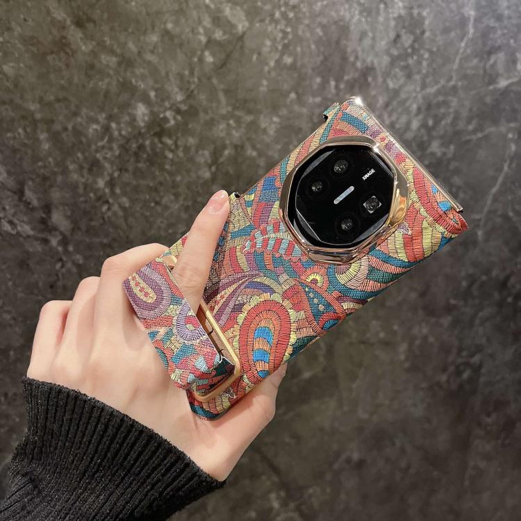 For Huawei Mate X7 Paisley Embroidery Pattern Dual Middle Axis Wrist Strap Phone Case