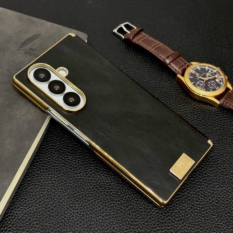 For Galaxy Z Fold7 Electroplate Dual Axis Crazy Horse Texture PU Phone Case