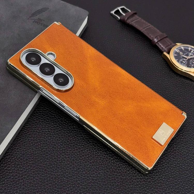 For Galaxy Z Fold7 Electroplate Dual Axis Crazy Horse Texture PU Phone Case