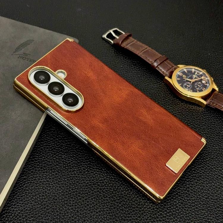 For Galaxy Z Fold6 Electroplate Dual Axis Crazy Horse Texture PU Phone Case