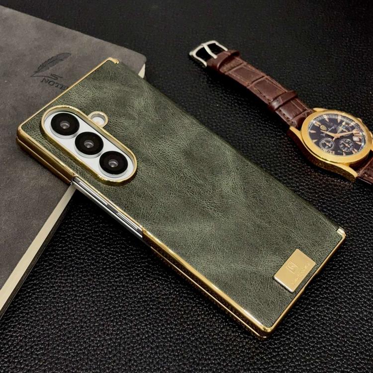 For Galaxy Z Fold6 Electroplate Dual Axis Crazy Horse Texture PU Phone Case