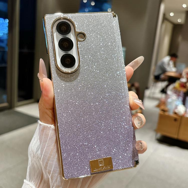 For Galaxy Z Fold7 Nameplate Electroplated Dual-Hinge Gradient Glitter PC Phone Case