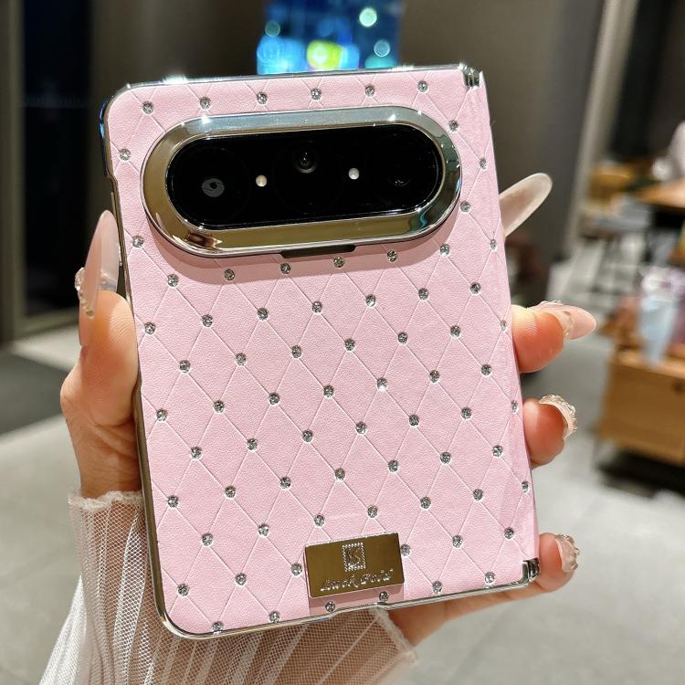 For Huawei Pura X Max Nameplate Electroplated Dual-Hinge Diamond Style Vegan Leather Phone Case