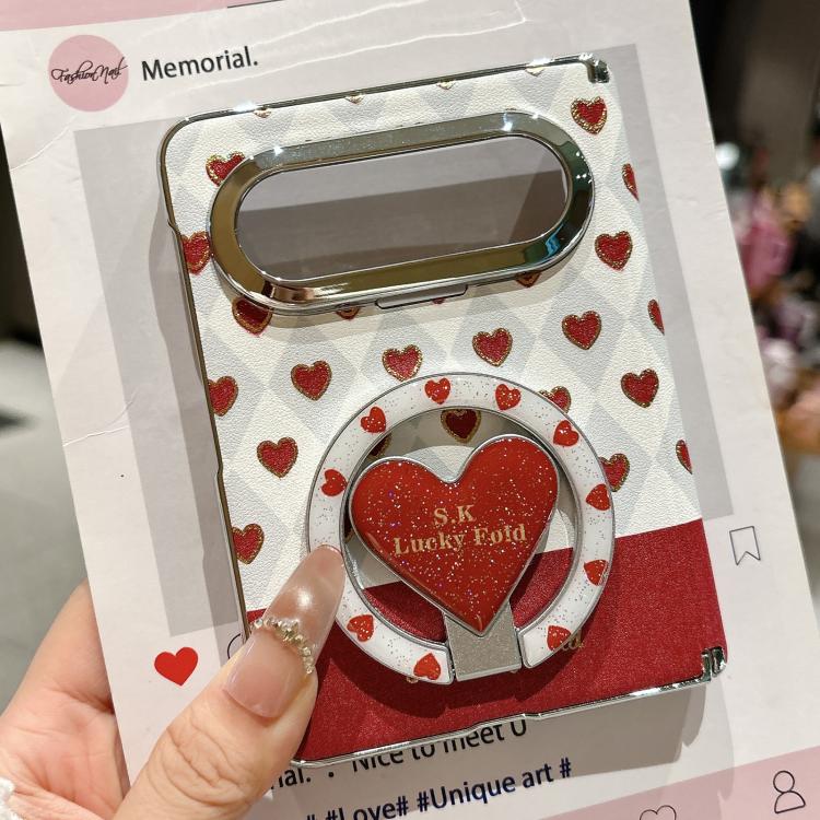 For Huawei Pura X Max Electroplated Dual-Hinge Gilded Heart Magnetic Phone Case with Holder - Red White