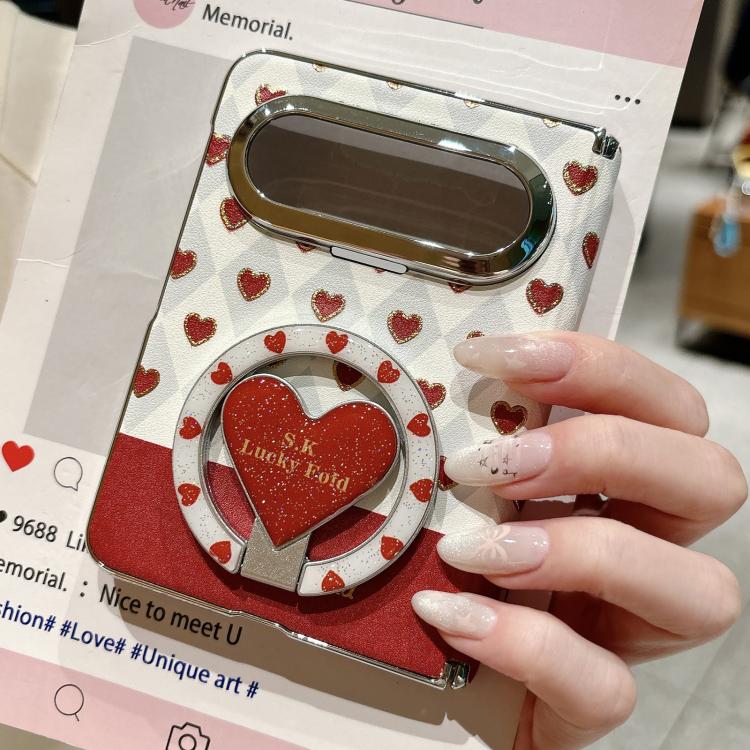For Huawei Pura X Max Electroplated Dual-Hinge Gilded Heart Magnetic Phone Case with Holder - Red White