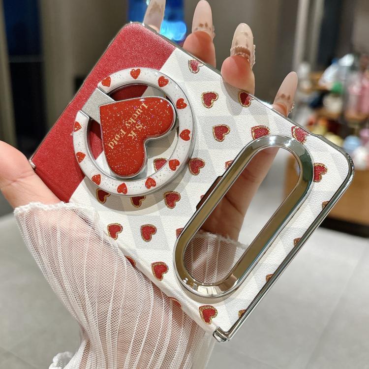 For Huawei Pura X Max Electroplated Dual-Hinge Gilded Heart Magnetic Phone Case with Holder - Red White