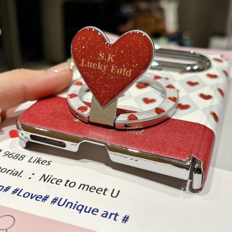 For Huawei Pura X Max Electroplated Dual-Hinge Gilded Heart Magnetic Phone Case with Holder - Red White