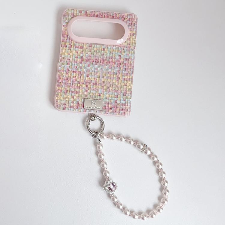 For Huawei Pura X Max Nameplate Pink-Edged Dual-Hinge Magnetic Woven-Texture Phone Case with Wrist Strap - Colorful