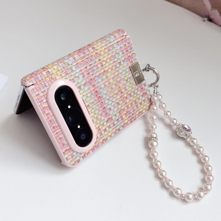 For Huawei Pura X Max Nameplate Pink-Edged Dual-Hinge Magnetic Woven-Texture Phone Case with Wrist Strap - Colorful