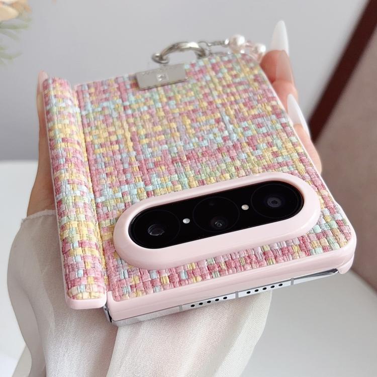 For Huawei Pura X Max Nameplate Pink-Edged Dual-Hinge Magnetic Woven-Texture Phone Case with Wrist Strap - Colorful