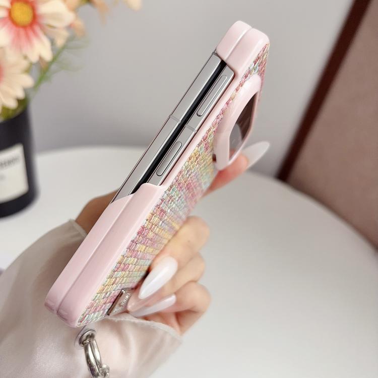 For Huawei Pura X Max Nameplate Pink-Edged Dual-Hinge Magnetic Woven-Texture Phone Case with Wrist Strap - Colorful