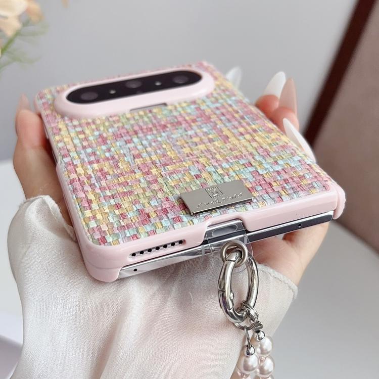 For Huawei Pura X Max Nameplate Pink-Edged Dual-Hinge Magnetic Woven-Texture Phone Case with Wrist Strap - Colorful