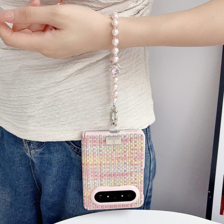 For Huawei Pura X Max Nameplate Pink-Edged Dual-Hinge Magnetic Woven-Texture Phone Case with Wrist Strap - Colorful