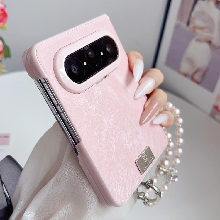 For Huawei Pura X Max Nameplate Pink-Edged Dual-Hinge Magnetic Silk Texture Phone Case with Wrist Strap - Pink