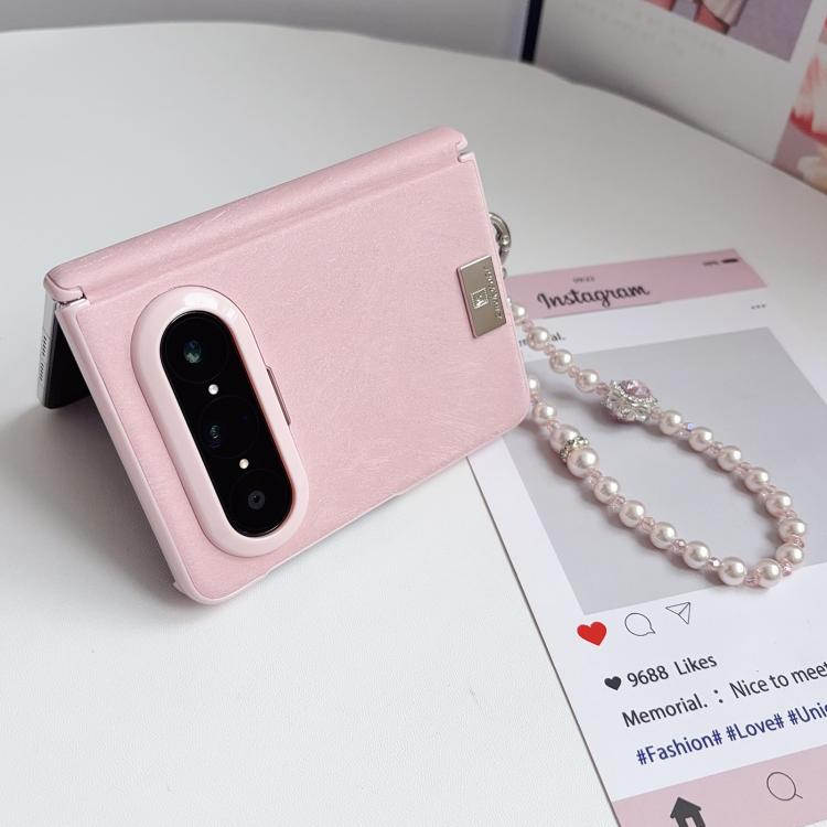 For Huawei Pura X Max Nameplate Pink-Edged Dual-Hinge Magnetic Silk Texture Phone Case with Wrist Strap - Pink