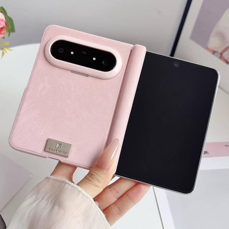 For Huawei Pura X Max Nameplate Pink-Edged Dual-Hinge Magnetic Silk Texture Phone Case with Wrist Strap - Pink