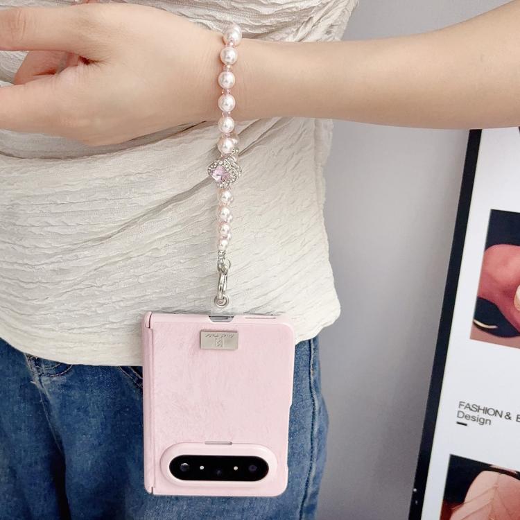 For Huawei Pura X Max Nameplate Pink-Edged Dual-Hinge Magnetic Silk Texture Phone Case with Wrist Strap - Pink