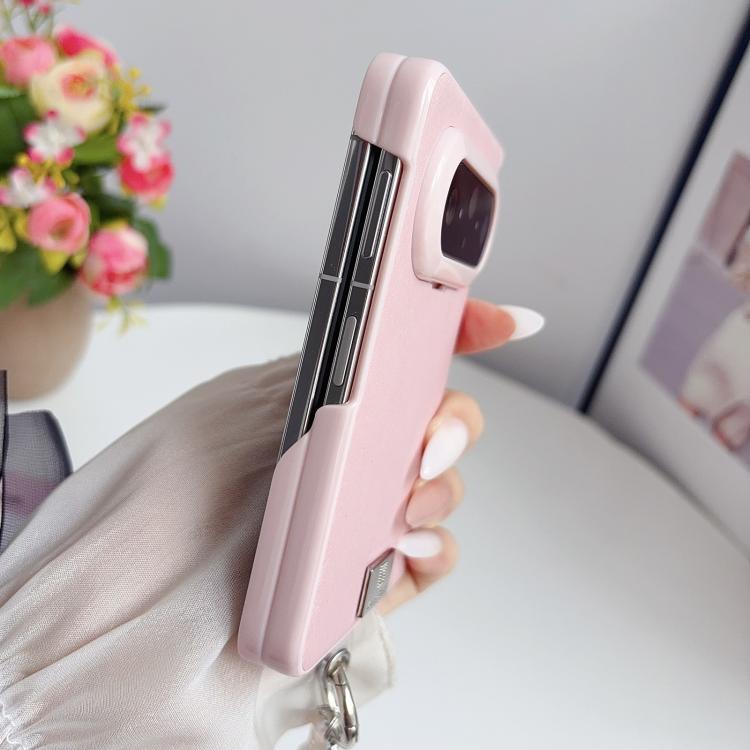 For Huawei Pura X Max Nameplate Pink-Edged Dual-Hinge Magnetic Silk Texture Phone Case with Wrist Strap - Pink